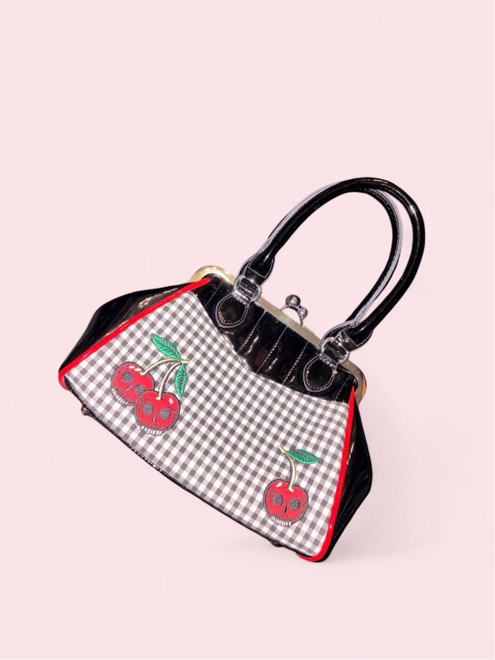 Black & Gingham Cherry Accent Satchel Handbag